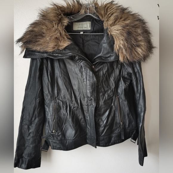Bod Christensen BLACK Leather Moto Jacket with Faux Fur Wide Collar L - Picture 6 of 8